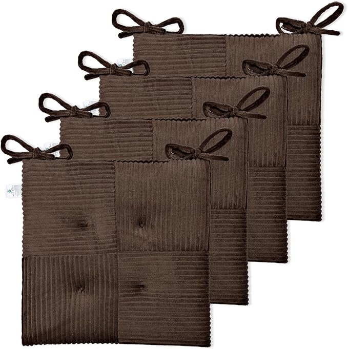 Office Stacking Chair Cushions 4 Pack, Corduroy High Density Foam Kitchen Seat Cushions with Ties, Square 17" x 17" Indoor Non-Slip Dining Chair Pads, Brown, 4pcs