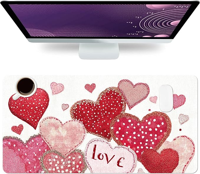 Valentine Desk Mat, Cute Love Heart Large Mouse Pad for Desktop, PU Leather Waterproof Desk Pad, Computer PC Laptop Protector Gaming Mouse Pads Valentine's Day Gifts for Her Him (31.5" x 15.7")