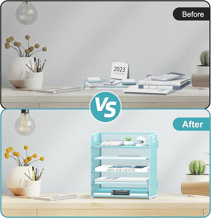 2 Pack 5-Tier Blue Desk Organizer with Handle Mesh Desk File/Paper Organizer Letter Tray for Office, School and Home Easy Installation