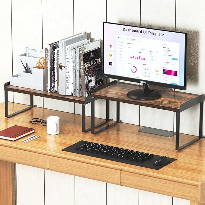 2 Sets Desktop Shelves & Office Shelves, 2 Tier Independent Stackable, Desktop Shelf Stand, Shelf for Desk Organization, Metal and Engineered Wood (Black+Vintage)