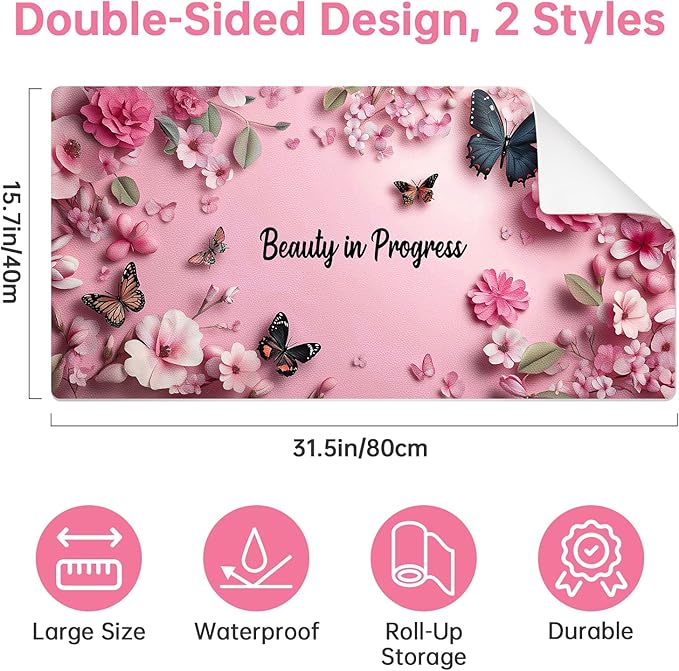 PU Leather Desk Mat Blotter,Cute Pink Desk Mat for Office, Home,School,Keyboard,Mouse,15.7"x31.5" Large Non-Slip Writing Mat with Travel Storage Strap, Waterproof Easy to Clean (Pink Butterfly)