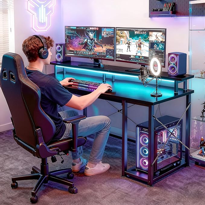 ODK 55 inch Gaming Desk with LED Lights & Power Outlets, Computer Desk with Monitor Stand & Storage Shelves, CPU Stand, Home Office Desk, Black