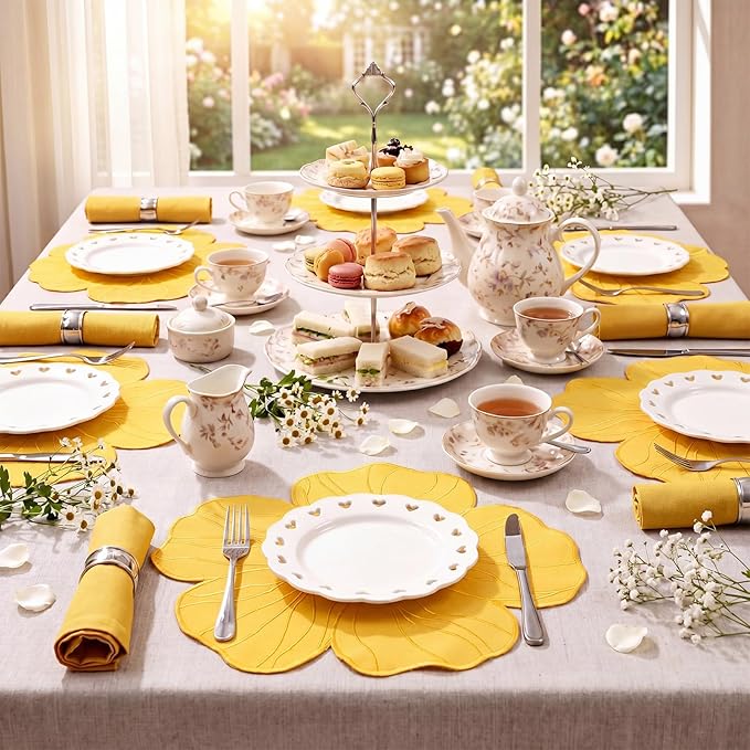 Moukeren Set of 6 Elegant Floral Placemat 16'' Flower Shaped Place Mat Flower Embroidery Table Mat for Wedding Bridal Shower Baby Shower Tea Party Kitchen Dining Table Decor(Yellow)