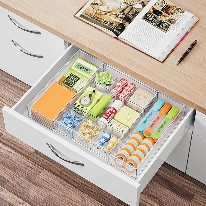 Marbrasse Expandable Desk Drawer Organizer, Clear Plastic Drawer Organizer Tray with 10 Adjustable Compartments, Desk Organizers and Accessories, 5 Drawer Dividers for Office Supplies, Makeup(Clear)