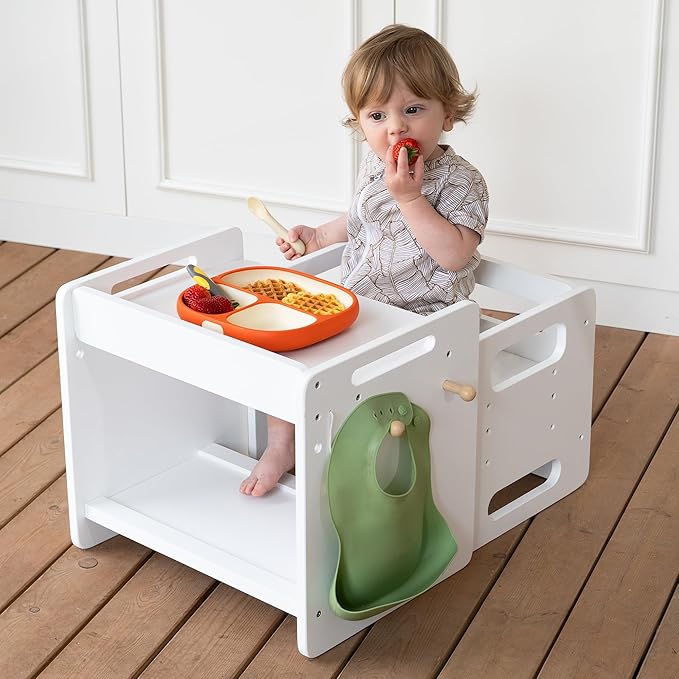 bpmfkid Montessori Weaning Table and Chair Set - Adjustable Design for Toddlers, Ideal for Mealtime, Learning, and Play, White