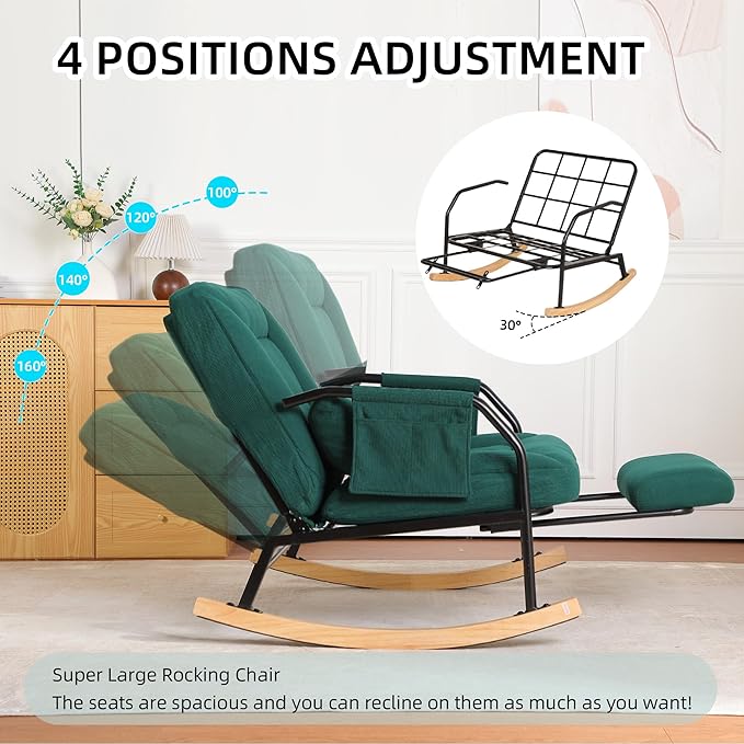 Oversized Reclining Rocking Chair with Foot Rest, 110°–160° Adjustable Backrest, Upholstered Armchair with Side Pocket for Nursery and Living Room, Green