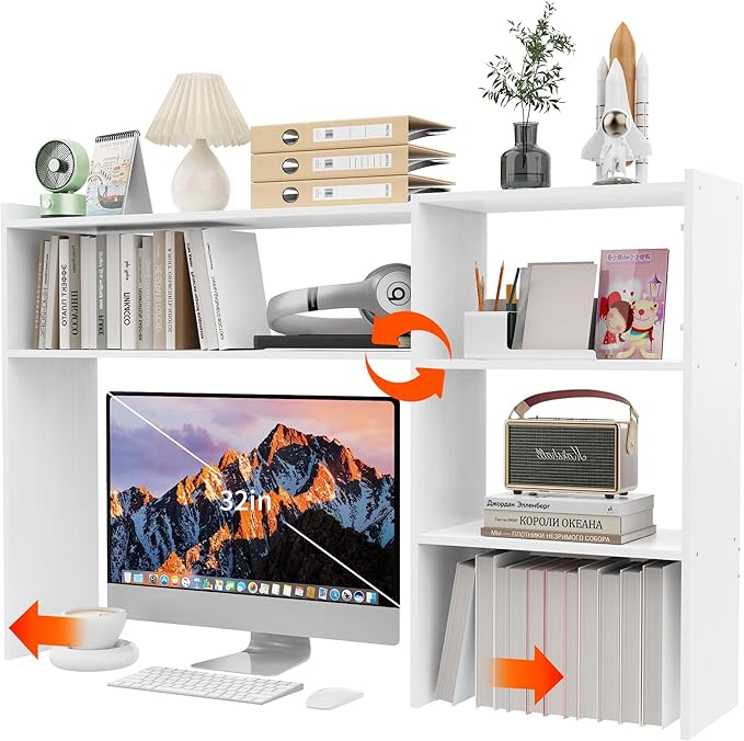 Aetheris Desktop Bookshelf, 43”Adjustable Office Desktop Organizer Shelf, Countertop Storage Hutch with 4 Shelves for Computer Desk, Adjustable Desk Hutch, Wooden Desktop Bookcase for Dorm Office Home