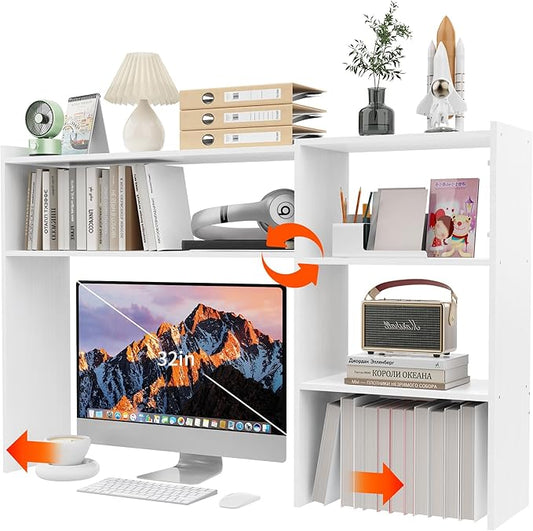 Aetheris Desktop Bookshelf, 43”Adjustable Office Desktop Organizer Shelf, Countertop Storage Hutch with 4 Shelves for Computer Desk, Adjustable Desk Hutch, Wooden Desktop Bookcase for Dorm Office Home