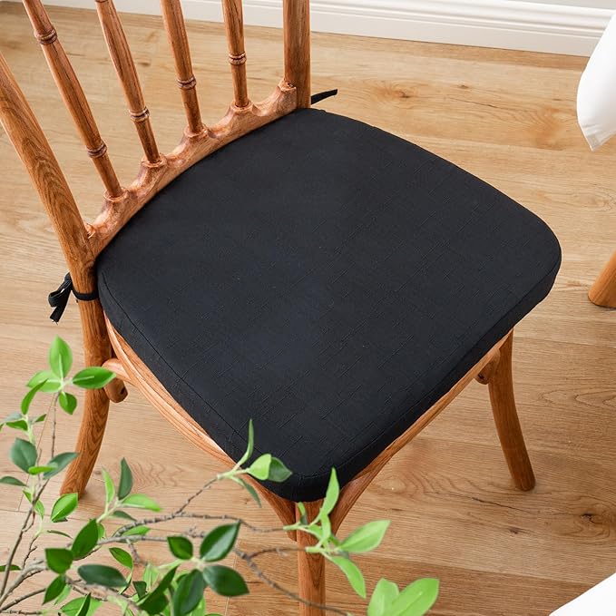 Battilo Chair Cushions for Dining Chairs with Ties, Indoor/Outdoor Kitchen Chair Pad with Non-Slip Backing, Dining Seat Cushion with Machine Washable Removable Cover, 16"x16"x2", Set of 2, Black