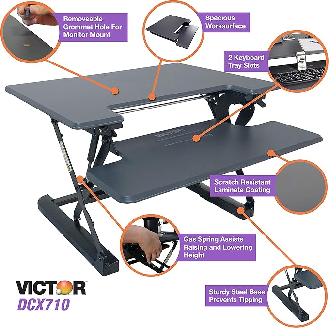 Victor DCX710G High Rise Collection Height Adjustable Standing Desk with Keyboard Tray (Gray) - Sturdy Steel Frame, Dual Lever Release System, 2 Tiered Wooden Work Surface and Keyboard Tray, 31 Inches