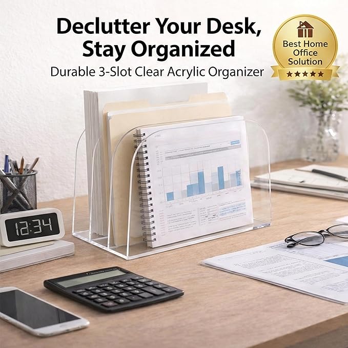 3-Section Vertical file organizer for desk acrylic German-Standard Cast PMMA Heat-Bent Design—Clear & Stable for Long-Term Use Home Office Classroom Family Files Mail