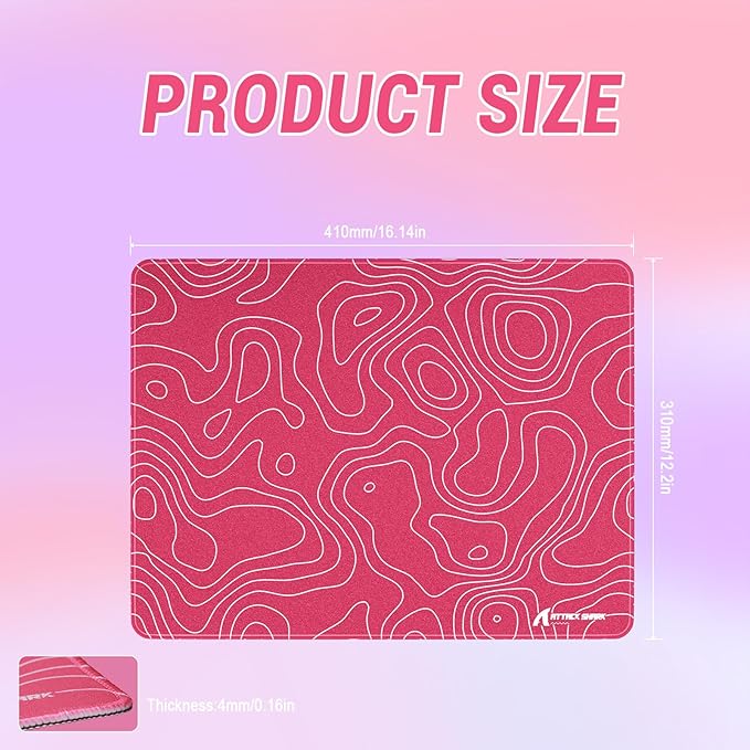 ATTACK SHARK CM02SE Gaming Mouse Pad for Esports Speed Mouse mats for Desk Waterproof Surface Stitched Edges and Anti-Slip Rubber Base Size M Laminate 16.14”x12.20”x0.16” Pink Contour