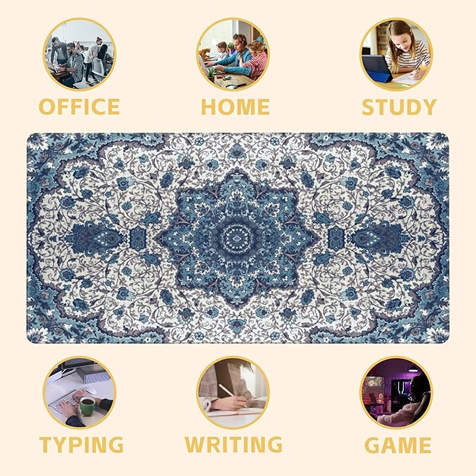 Large Gaming Mouse Pad Blue Boho Rug Texture Desk Mat Mouse Pad Extended XL Mousepad, Large Non-Slip Rubber Base Mousepad with Stitched Edges, Desk Pad for Work Game Office, 31.5 x 15.8 in