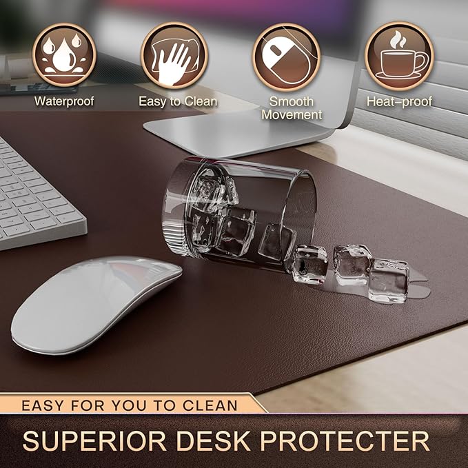 K KNODEL Leather Desk Pad Protector, Office Desk Mat, Large PVC Leather Desk Blotter, Non-Slip Mouse Pad (Dark Brown, 17" x 35.4")