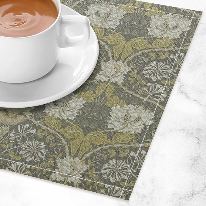 William Morris Floral Placemats Vintage Flower Art Style Boho Chic Retro Floral Linen Washable Table Mats Stain Heat-Resistant Desktop Decor Place Mats for Home Kitchen Dining Party 12x18 in 6 Pcs