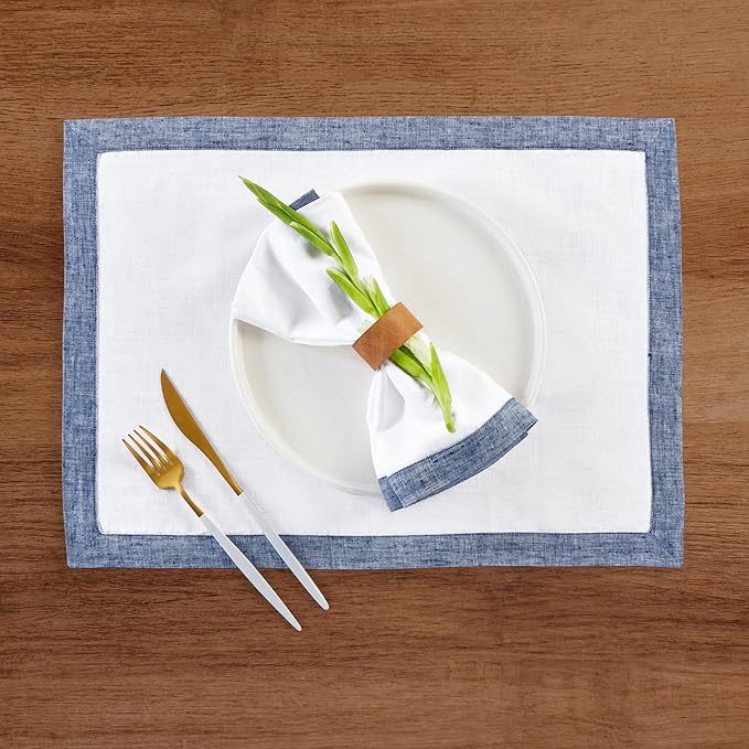 Solino Home Linen Napkins Set of 4-100% Pure Linen Chambray Indigo and White Dinner Napkins Cloth 20 x 20 Inch for Spring, Summer - Classic, Handcrafted and Machine Washable