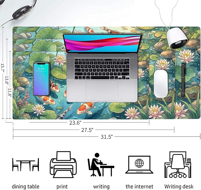 Cute Desk Mat, Koi Fish Large Mouse Pad for Desktop, PU Leather Waterproof Desk Pad, Anti-Slip Computer PC Laptop Protector Gaming Mouse Pads for Office Home Decorations (27.5" x 13.8")