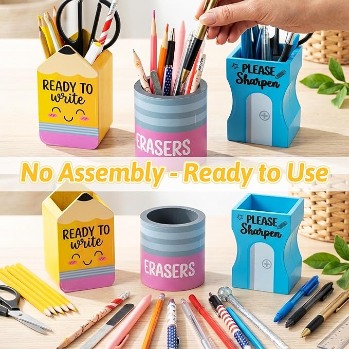MALLMALL6 3Pcs Pencil Sharpen Eraser Shaped Pencil Holder, Back to School Wooden Caddy Case Gifts for Kid Student, No Assembly Sharp Dull Shaped Desktop Dispenser Storage Organizer for Classroom Decor