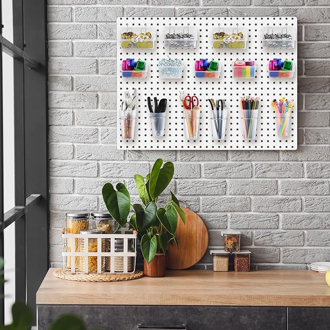 Roowest 60 Pcs Pegboard Cups Pegboard Bins Set, Wall Organizer with Hooks and Loops, Hooks Assortment Organizer Accessory for Office Storage Garage Craft Workshop(Clear)