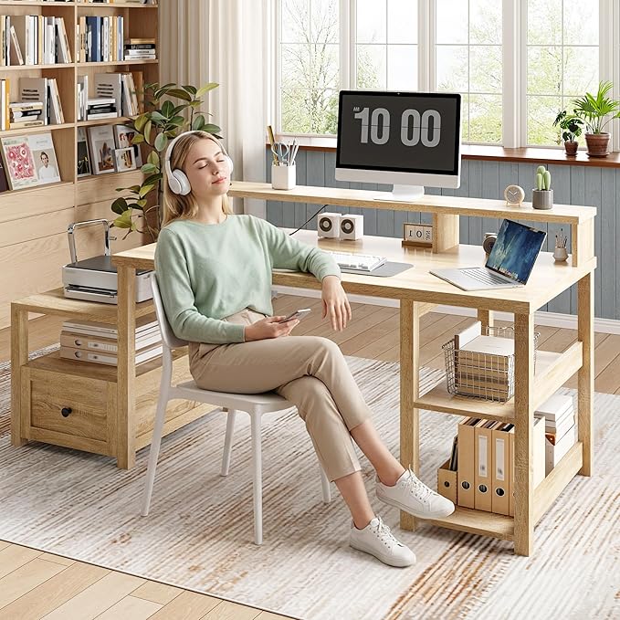 EnHomee 60.4" Farmhouse Computer Desk with Drawer & Power Outlet, Gaming Desk with LED Light, Office Desk with Monitor Stand, Study Desk, Work Desk for Home, Study Room, Bedroom, Natural Oak Finish