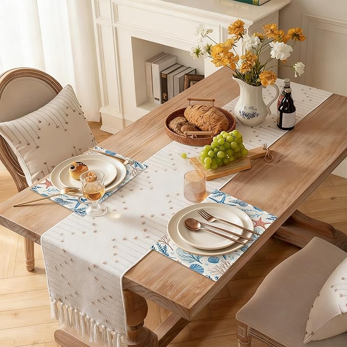 Watercolor Shell Starfish Table Placemats Set of 6, Linen Placemats 12x18 Inch, Washable Non Slip Heat Resistant Mats for Dining Table Kitchen Indoor Use