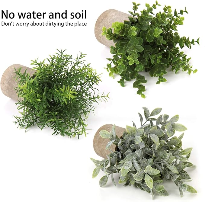 Briful 3 Pack Mini Faux Potted Plant Artificial Eucalyptus Plant Fake Topiaries Plant for Home Table Office Room Desk Bathroom Shelf Kitchen Rustic Farmhouse Mantel Decor