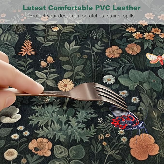 DINKY Leather Desk Mat, XXL Large Gaming Mouse Pad, Extended Desktop Decor Desk Pad, 35.4" x 15.7" Cute Floral Mouse Mat for Laptop, Keyboard, Vintage Flowers