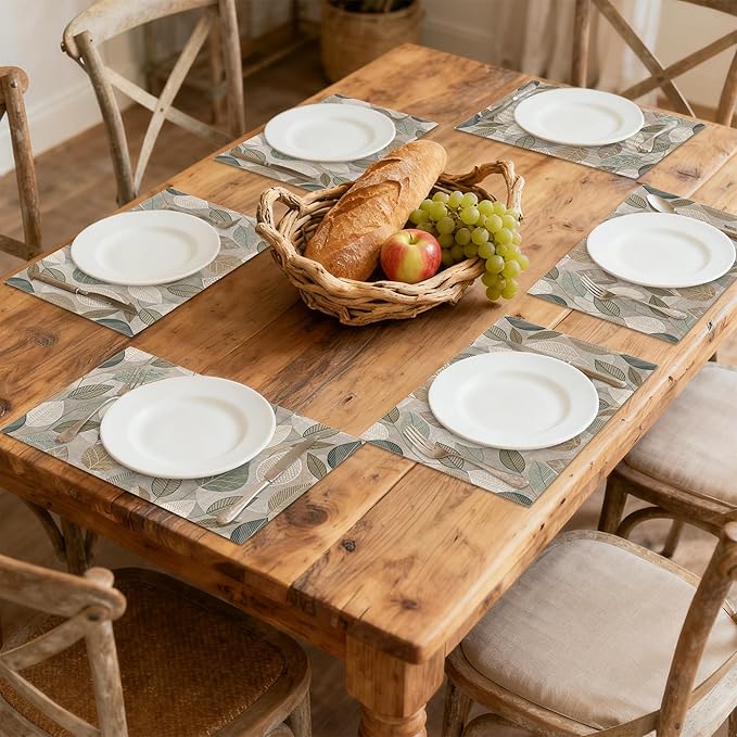 Linen Placemats Set of 6, Boho Green Leaves Washable Table Mats 12x18 Inch, Heat Resistant Non Slip Placemats for Dining Table Kitchen Everyday Use