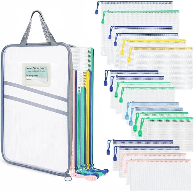 18-Pack Mesh Zipper Pouch Set with 1 Organizer Bag, 5 Sizes (A4 A5 A6 Bill B6) Clear Waterproof File Bags for Categorized Storage, Professional Travel & Home Office (19pcs)