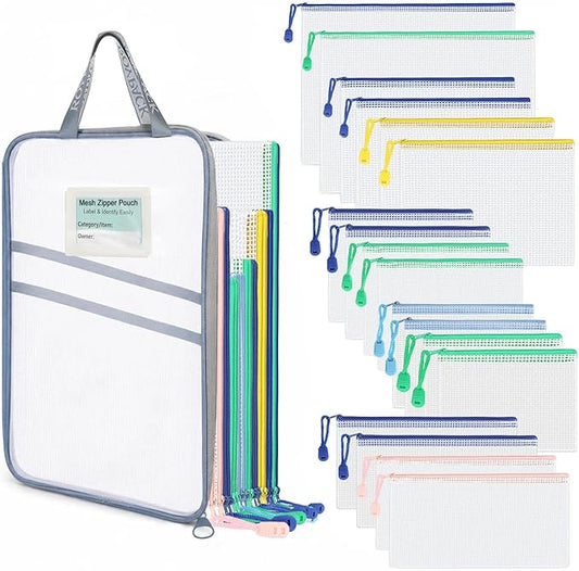 18-Pack Mesh Zipper Pouch Set with 1 Organizer Bag, 5 Sizes (A4 A5 A6 Bill B6) Clear Waterproof File Bags for Categorized Storage, Professional Travel & Home Office (19pcs)