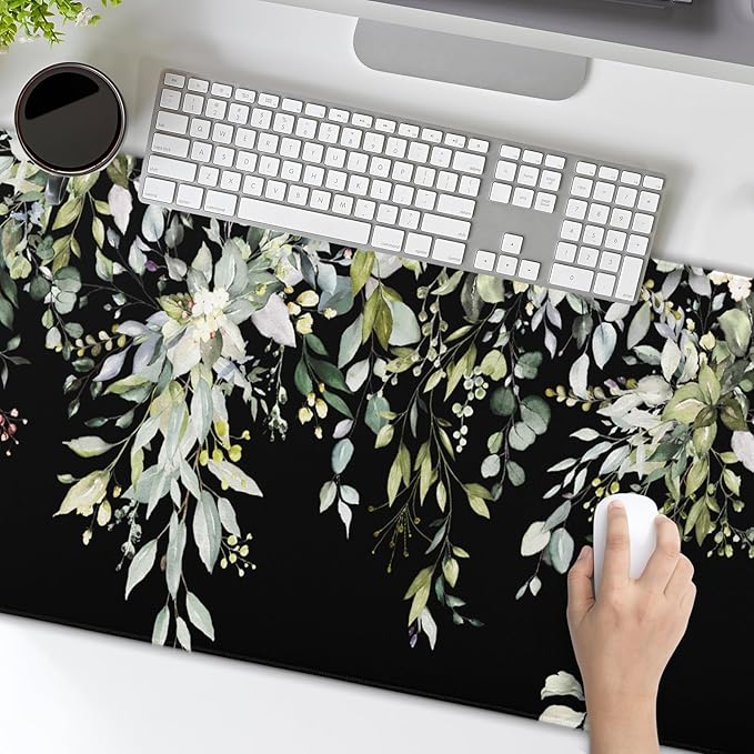Sage Green Leaves Mouse Pad 31.5x11.8in Floral Black Gaming Mouse Pad Vintage Aesthetic Desk Pad Extended Large Desk Mat Non-Slip Rubber Base Stitched Edge Long Keyboard Mousepad for Computer Laptop