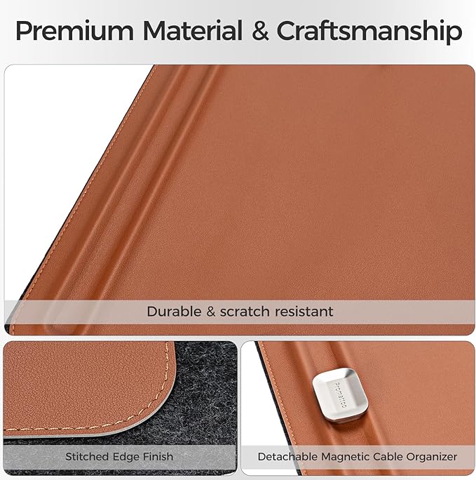 Desk Mat – Double-Sided Vegan Leather & Felt | Built-In Magnetic Cable Organizer & File Storage | Premium Workspace Pad for Office, Gaming & Creative Professionals-（Brown）
