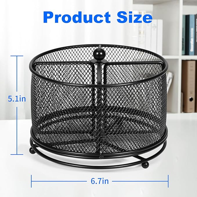 Pen Holder for Desk,360° Rotating Mesh Desk Organizer with Large Capacity 4 Compartments,Multi Functional Desk Accessories and Makeup Brush Holder for Office School Home (Black)
