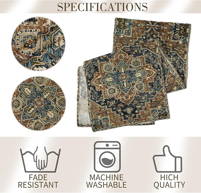 Boho Blue Brown Table Runner,Vintage Elegant Farmhouse Table Center Linen Decor,Country Rustic Farmhouse Magical Fall Kitchen Dining Table Decoration for Home Dining Party Decor 13x108 Inch