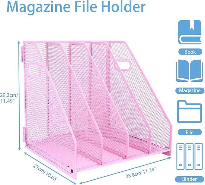 Desk Organizers Metal Magazine File Holder Racks Desktop Folder Storage Binder Organiser Document Organization for Home Office & Classroom,4 Vertical Compartments-Pink