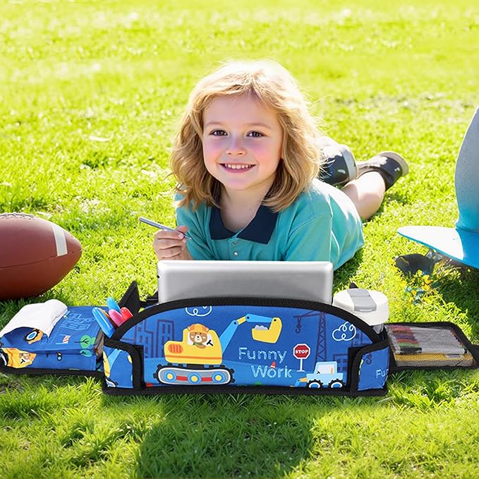 Kids Travel Tray for Airplane - Toddler Car Seat Table Tray, Road Trip Essentials for Boys & Girls, Carseat Lap Desk for Kids Road Trip Activities (Dark Blue Car)