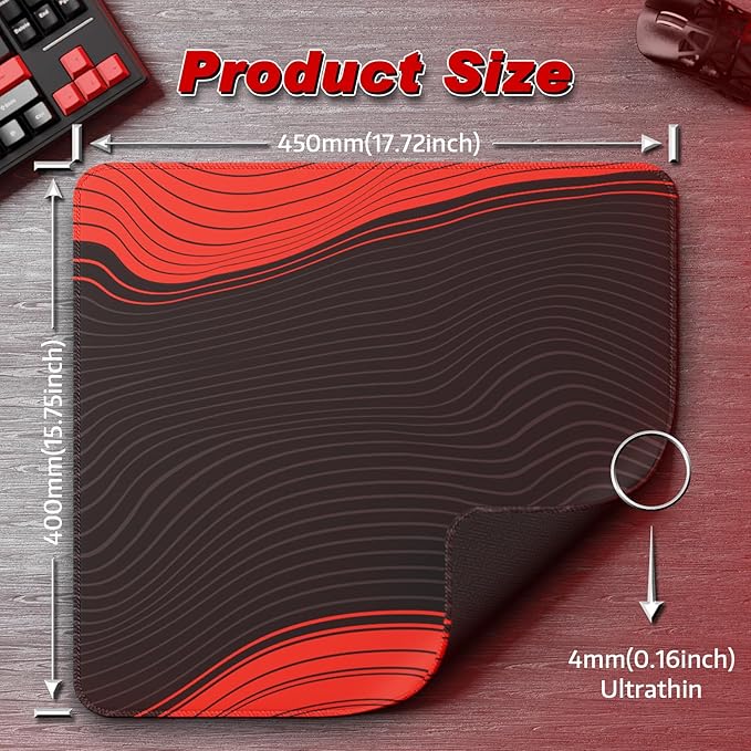 ATTACK SHARK CM02 Gaming Mouse Pad Esports Speed Large Mouse mats for Desk Waterproof Surface Stitched Edges and Anti-Slip Rubber Base Size XL Laminate 17.72” x 15.75” x 0.16” Black/Red