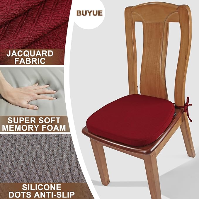 BUYUE Luxury 100% Pure Memory Foam Chair Cushion 1 Pack, Jacquard 16" U-Shape Comfortable Dining Chair Pad, Removable Slip Resistant Kitchen Chair Seat Cushion, (1 piece, Burgundy)