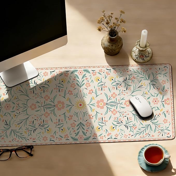 Large Gaming Mouse Pad Pink Floral Desk Mat,Non-Slip Rubber Base Stitched Edges,Extended Mousepad for PC,Laptop,Office,Home Decor(31.5 x 11.8 Inch)