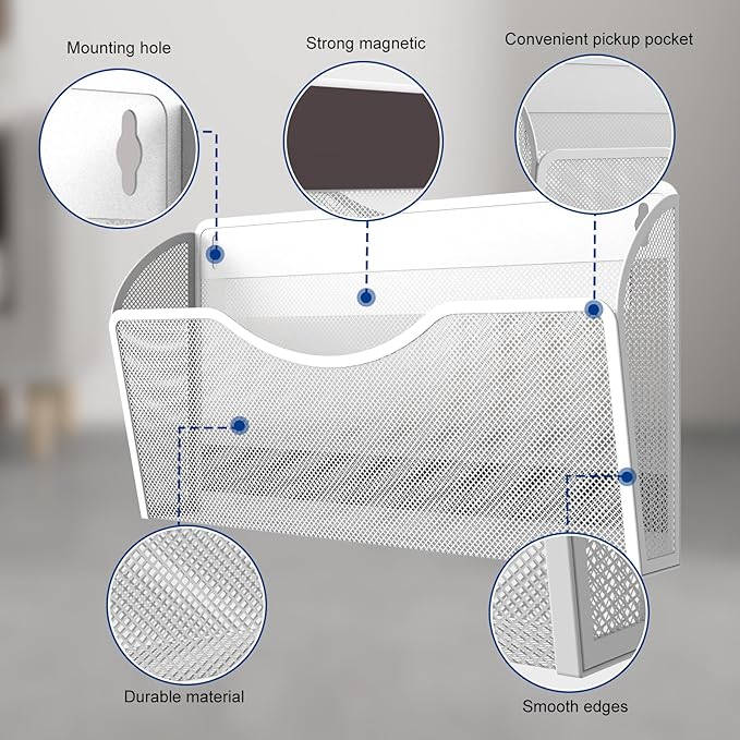 6PCS Magnetic File Holder - File Paper Mail Organizer, No Drilling Magazine Paper Document Holder, Hanging Magazine Rack for Refrigerator, White Metal Wire Mesh, 13.5 x 2 x 8.5 inches
