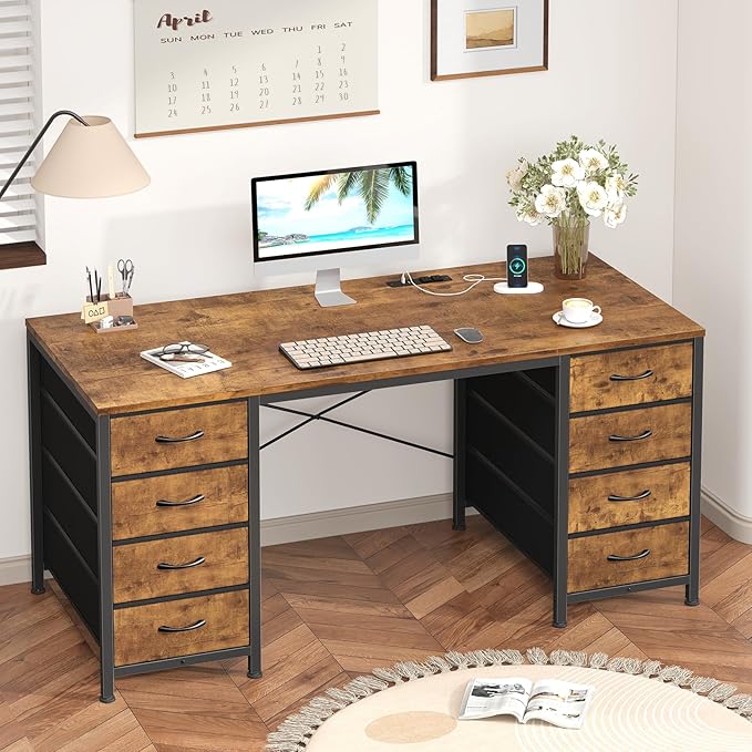 YOMILUVE 50 Inch Computer Desk with 8 Drawers, Home Office Desk with Power Outlets, Work Study Gaming Desk with 8 Fabric Drawers, Rustic Brown