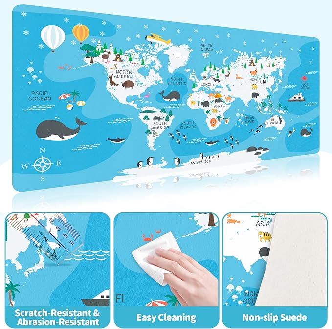 Kid's Desk Mat Cute Early Education Leather Desk Mat, Kawaii Blue Toddler World Map Waterproof Desk Writing Pad, Large Keyboard and Mouse Mat for Classroom/Kindergarten(31.5" X 15.7")