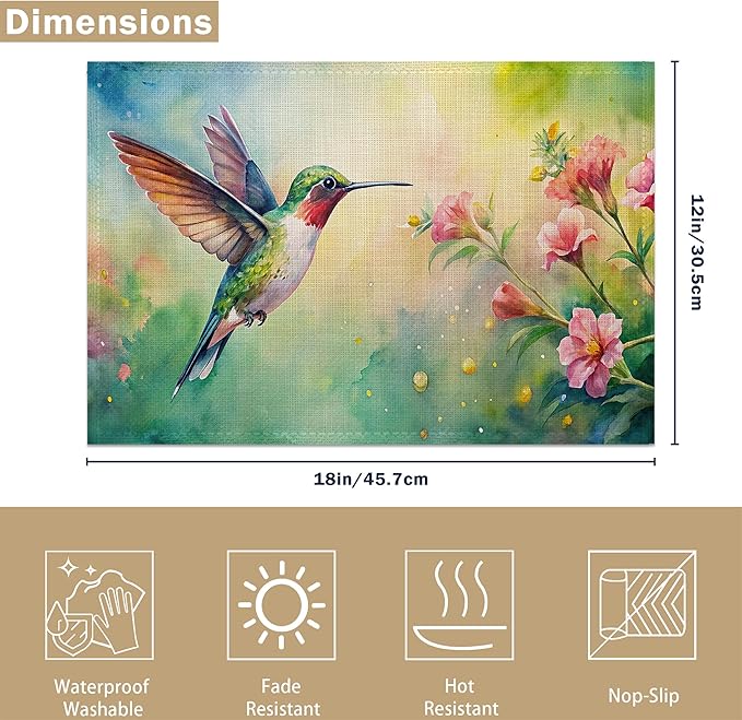 Watercolor Hummingbird Flowers Placemats Set of 6 Linen Table Mats, 12x18 Inch Washable Placemats for Dining Table, Non Slip Heat Resistant Mats for Kitchen Home Decor