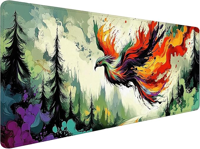 Phoenix Gaming Mouse Pad Fantasy Bird Colorful Ink Splash Art XL Mouse Pad Large Mousepad Extended Laptop Keyboard Mat Gaming Desk Pad Mouse Mat 31.5"x11.8" Office Home Decor for Women Girl