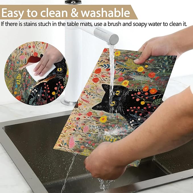 Placemats Set of 6, Cat with Flowers Linen Placemats 12x18 Inch, Heat Resistant Table Mats, Washable Non Slip Place Mats for Dining Table Kitchen Home