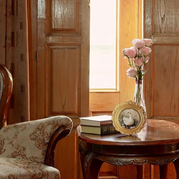 Farmhouse Duck Goose Round Picture Frame Wall Decor, Rustic Gold Mini Ornate Photo Frame for TableTop Desk 2.7in Photo,Vintage Framed Artwork for Walls Office Bedroom Cottage Shelf
