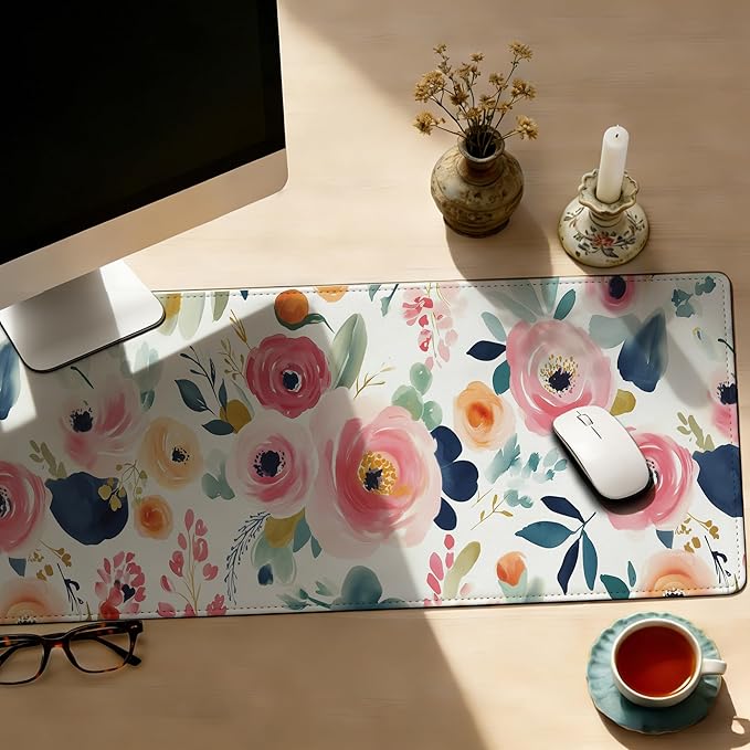 Watercolor Floral Mouse Pad,35.4 x 15.7 Inch Large Mouse Mat Non-Slip Rubber Stitched Edges for Writing Desk,Office,Home,Laptop