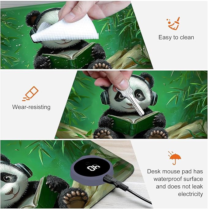 Heated Mouse Pad,Warm Desk Pad with 3 Levels Heating & 3 Hours Auto Shut-Off, PU Leather Heated Desk Pad Warmer Pad for Home Office - 23.6 x 14.2 inch,Panda Bamboo