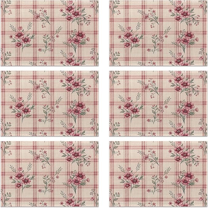 Placemats Set of 6, Cute Flowers Pink Linen Placemats 12x18 Inch, Heat Resistant Table Mats, Washable Non Slip Place Mats for Dining Table Kitchen Home