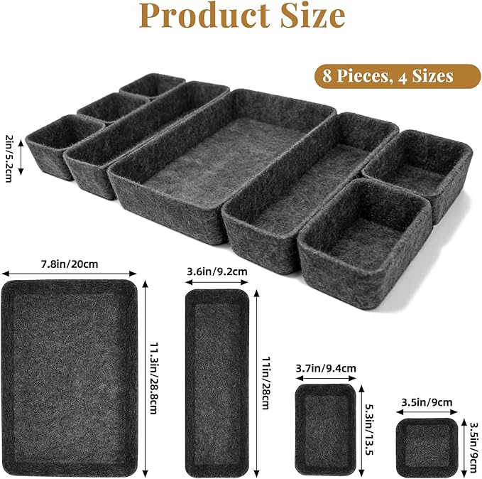 8pcs Felt Desk Drawer Organizer Tray, 4 Sizes Drawer Organizers Set for Office Supplies, Jewelry, Makeup, Cosmetics, Desk & Drawer Storage (Charcoal)